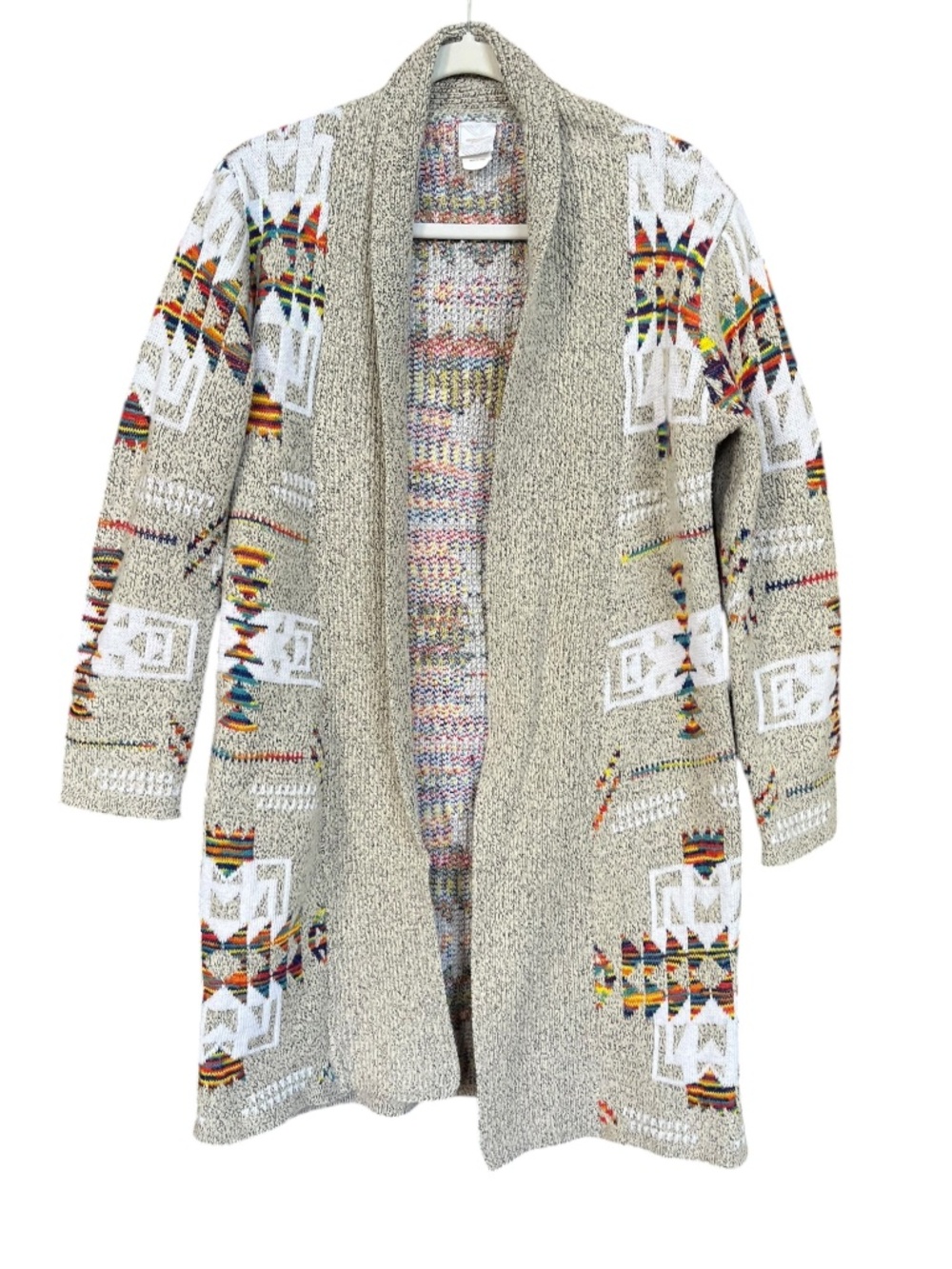 Northern Angel Gray Multi Colorful Aztec Open Front Long Sweater Cardigan SZ M